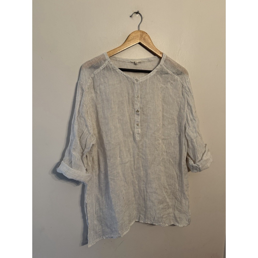 Eileen Fisher Women's White Striped 100% Linen Sheer Tunic Roll Tab Sleeves XL